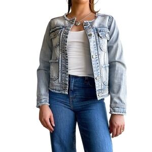 Wit & Wisdom Boho Grunge 90s Retro Raw Hem Acid Wash Denim Jacket